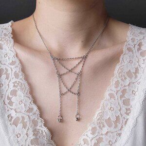 Gothic silver lace-up long chainmail necklace with a small silver chain